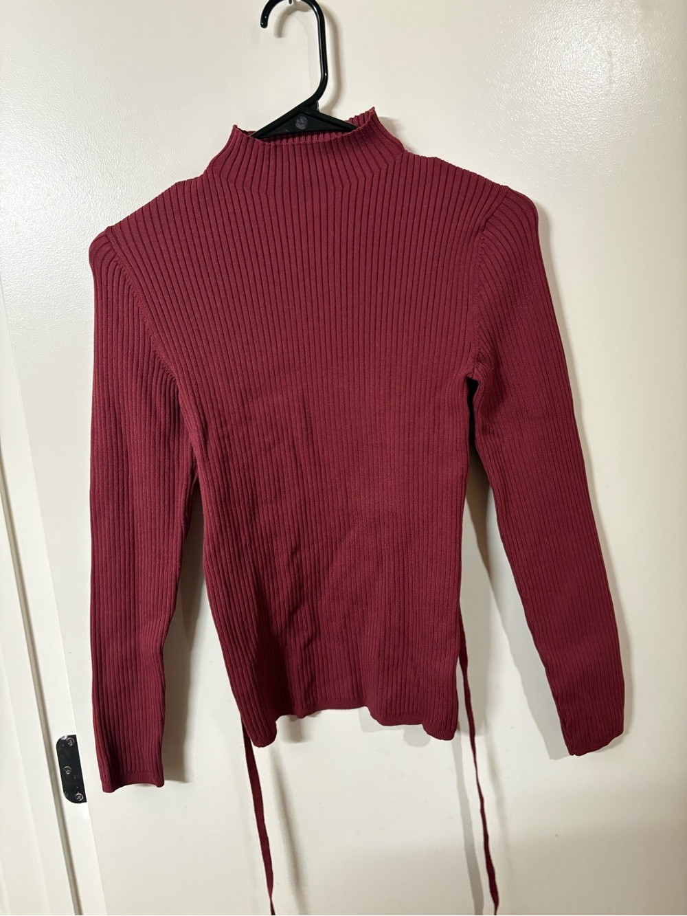 Babaton Ribbed Mock-Neck Long Sleeve Top in Wine with Back Cut-Out